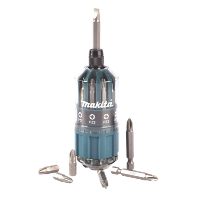MAKITA - Desarmador manual / 18 puntas intercambiables / Phillips PH2-PH5 / Pozidriv PZ1-PZ3 / Planas SL4-SL6 / Acero cromado vanadio