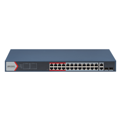 HIKVISION - Switch PoE+ Administrable / 24 Puertos 10/100 Mbps / 2 Puertos Gigabit Combo / 370 W / Alcance Extendido 300 m (984.3 ft) / Protección 6 kV
