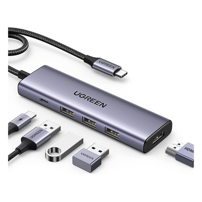UGREEN - Docking Station USB-C / 5 en 1 / HDMI 2.0 4K@30Hz / 3 USB-A 3.0 5Gbps / PD 100W / Cable 25 cm (9.8 in) / Aluminio
