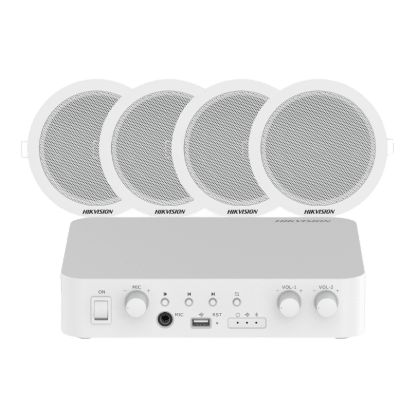 HIKVISION - Sistema de Audio Ambiental / Amplificador 80W / 2 Zonas 40W / 4 Altavoces de Plafón / Bluetooth / USB / RCA / Micrófono / Spotify / 100V