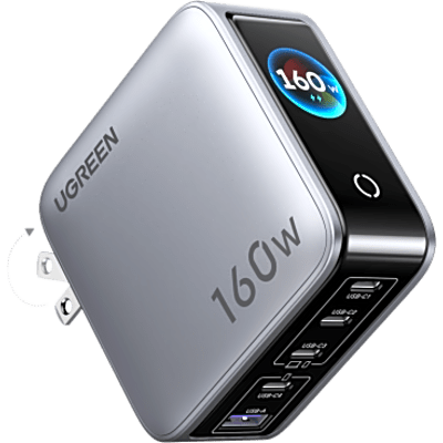 UGREEN - Cargador de Escritorio GaN / 160 W de Potencia Total / 140 W por Puerto USB-C / 5 Puertos / Pantalla TFT / Distribución Inteligente