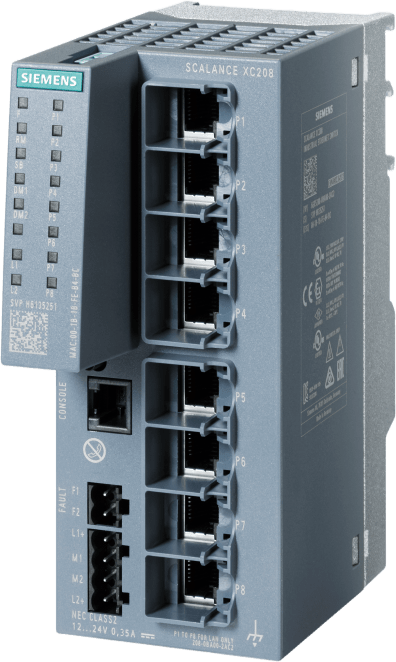 SIEMENS - Switch Industrial SCALANCE XC208 / 8 Puertos 10/100 Mbit/s RJ45 / Redundancia PROFINET / Layer 2 Gestionable / IEC 62443-4-2 / -40°C a +70°C / DIN Rail