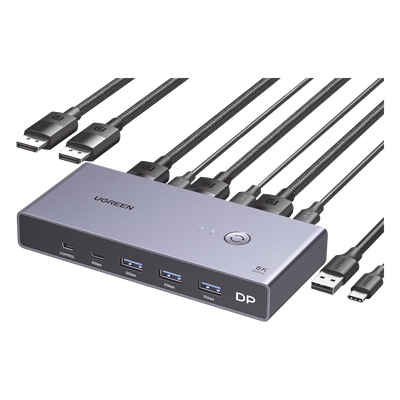 UGREEN - Conmutador KVM DisplayPort / 8K@60Hz / HDR / 2×1 DP 1.4 / 4 Puertos USB 3.0 / Carcasa Aluminio