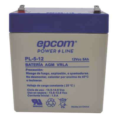 EPCOM POWERLINE - Batería 12 Vcc / 5 Ah / UL / Tecnología AGM-VRLA / Para uso en equipo electrónico Alarmas de intrusión / Incendio/ Control de acceso / Video Vigilancia / Terminales F1 / Cargador recomendado CHR-80.