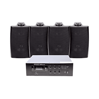 EPCOM PROAUDIO - KIT de Amplificador de 240W para Escritorio | 4 Altavoces de Pared color Negro 2.5W - 20W | Sistema 70/100V