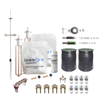 LINKEDPRO BY EPCOM - Kit de Protección Contra Rayos / Torre 9 m (29.5 ft) / Electrodo de Cobre Electrolítico / Pararrayos de Aluminio con Ionización / Filtro Equipotencial / Compuesto Reactivador