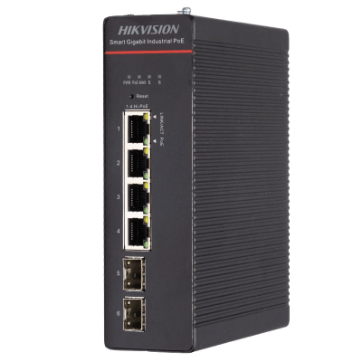 HIKVISION - Switch Industrial / Administrable Gigabit / 4 Puertos Gigabit HiPoE (90 W) / 2 Puertos SFP / 300 W Total / 48 a 57 VCD / Ideal para Proyectos / 300 Metros de Distancia