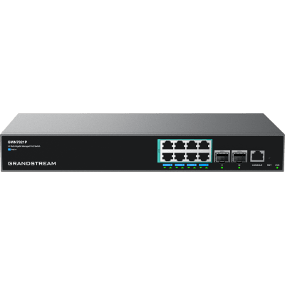GRANDSTREAM - Switch PoE Multigigabit Capa 3 / 8 Puertos Ethernet 2.5 G / 2 Puertos SFP+ / PoE++ Dinámico / IPv6 e IPv4 / VLAN Avanzada / QoS / Stacking hasta 4 Dispositivos / Administración Local y en la Nube