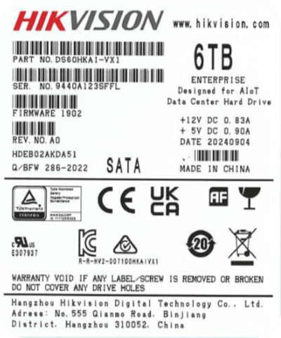 HIKVISION - Disco Duro Enterprise para Videovigilancia 6TB / 7200 RPM / SATA 6 Gb/s / Caché 256 MB / Operación 24x7 / Carga de Trabajo 550 TB por Año /
