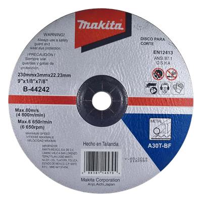 MAKITA - Disco de Corte para Metal / 9" (228.6 mm) / Espesor 1/8" (3.175 mm) / Grano de Aluminio Fundido / Eje 22.23 mm / Uso General