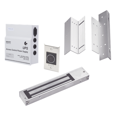ACCESSPRO - Kit de Control de Acceso / Fuente 12 VCD 5A con Respaldo / Chapa Magnética 600 lbs / Botón Sin Contacto / Montajes L y Z