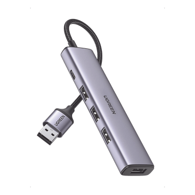 UGREEN - Convertidor USB-A 3.0 a 4 Puertos USB-A 3.0 / 5 Gbps Transferencia / Alimentación por USB-C / Compatibilidad Multiplataforma / Protección Cortocircuito y Sobrecorriente
