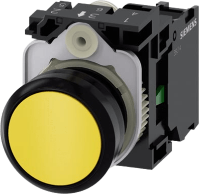 SIEMENS - Botón 3SU11000AB301BA0 Sirius 22mm, Color Amarillo, Incluye soporte y contacto Normalmente Abierto.