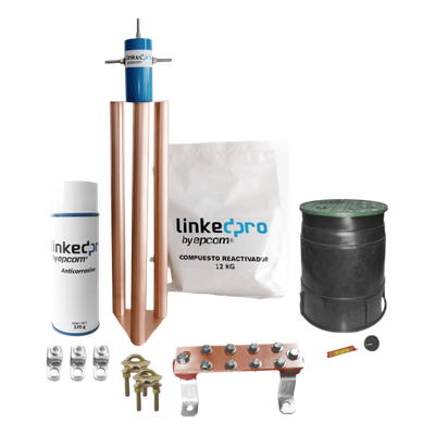LINKEDPRO BY EPCOM - Kit Puesta a Tierra 200A / Electrodo Cobre Electrolítico / Diseño Delta / Filtro Equipotencial / Compuesto 12 kg / Barra Unión + Conectores + Registro