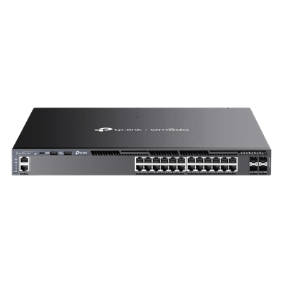 TP-LINK - Switch L3 Gestionable PoE+ / 24 Puertos Gigabit / 4 Slots 10G SFP+ / Stacking 80 Gbps / PoE 720W / Redundancia N+1