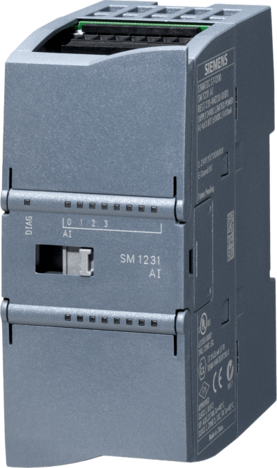 SIEMENS - Módulo de Entrada Analógica SIMATIC S7-1200 / SM 1231 / 4 Entradas AI / +/-10V +/-5V +/-2.5V / 0-20mA 4-20mA / 12 bit+sign (13 bit ADC) / IP20 / Certificaciones Globales