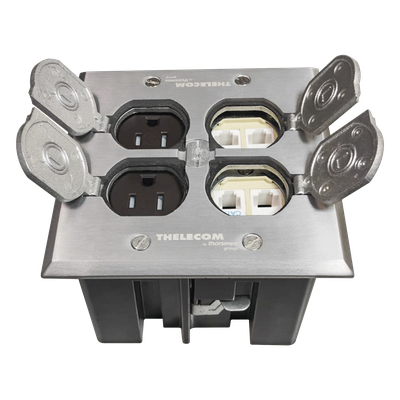 THORSMAN - Caja de Piso Empotrable / Tapa Abatible Aluminio / Energía 127 V + Datos Voz/Datos / 2 Contactos 15A / 2 Módulos Keystone / Interior