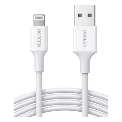 UGREEN - Cable USB-A a Lightning | 1 Metro | Certificado MFi | Carga Rápida 5V/2.4 A| 480 Mbps | PD | Conector C89 | Adecuado para iPhone, iPad y iPod | Protección Integrada | Caja de ABS | Cubierta de TPE | Color Blanco.