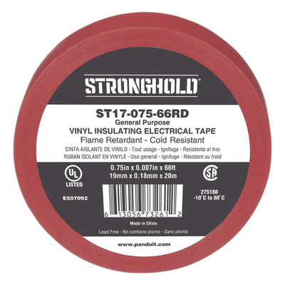 PANDUIT - Cinta Aislante Eléctrica / PVC 0.18 mm / 19 mm Ancho / 20.12 m (66 ft) Largo / 600V / -10°C a 80°C / Rojo