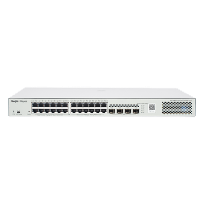 RUIJIE - Switch Administrable L2 PoE+ / 24 Puertos Gigabit / 4 SFP Uplink 1G / 370W / Capacidad 56 Gbps / Protección 6 kV / 1U Rack