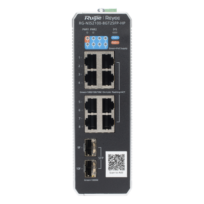 RUIJIE - Switch Industrial PoE+ / 8 Puertos Gigabit / 1 PoE++ 60W / 7 PoE+ 30W / 2 SFP Uplink / 300W Total / Capacidad 20 Gbps / Layer 2