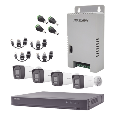 HIKVISION - Kit de Videovigilancia TurboHD / DVR 4 Canales 4K / 4 Cámaras Bala 3K / Audio Bidireccional / Dual Light 30 m (98.4 ft) / IP67 / Fuente 12VDC