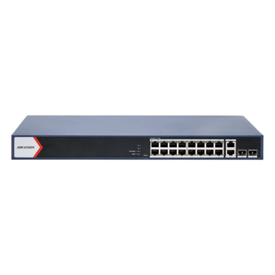 HIKVISION - Switch PoE+ Administrable / 16 Puertos 1000 Mbps PoE+ / 2 Puertos Uplink 1000 Mbps / 2 Puertos SFP / Alcance Extendido 300 m (984.3 ft) / 230 W