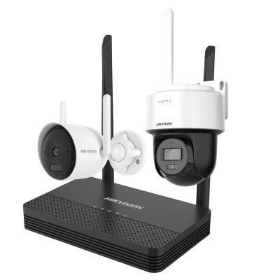 HIKVISION - Kit IP Inalámbrico 4 Megapixel / NVS 4 Canales / 1 Cámara Bala Exterior + 1 Cámara Turret Interior con Lente 2.8 mm y Dual Light / Audio Bidireccional (Micrófono y Bocina) / Soporta Micro SD de 512 GB