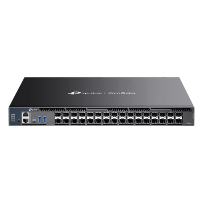 TP-LINK - Switch Gestionado L3+ / 26 Puertos SFP+ 10G / 6 Puertos SFP28 10G/5G / 820 Gbps Capacidad Conmutación / Apilamiento 4 Unidades / Redundancia PSU