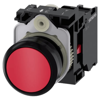 SIEMENS - Botón 3SU11000AB201CA0 Sirius 22mm, Color Rojo, Incluye soporte y contacto Normalmente Cerrado.