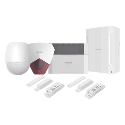 HIKVISION - Kit Panel de Alarma Híbrido / 64 Zonas / Teclado LCD con Lector de Tags / Sirena 105 dB IP54 / PIR 18 m (59.1 ft) 90° / 2 Contactos Magnéticos