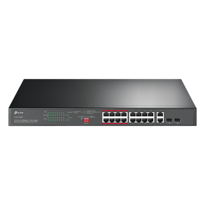 TP-LINK - Switch PoE+ No Administrable de 16 puertos 10/100 Mbps / 2 puertos 10/100/1000 Mbps en Combo con 2 Puertos SFP / Presuuesto PoE 250 W / Extensor PoE de hasta 250 metros