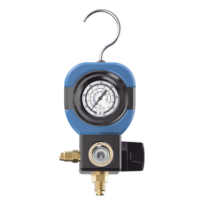 EPCOM - Manifold de Refrigeración / 1 Válvula / Múltiples Refrigerantes / Rango -30 inHg a 500 psi / Interfaz 1/4" SAE / Diámetro 90 mm