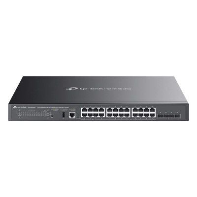 TP-LINK - Switch Administrable L3 SDN / 24 Puertos PoE Gigabit / 4 SFP+ 10G / Presupuesto PoE 720W / Ruteo RIP VRRP / Fuente Redundante / 128 Gbps