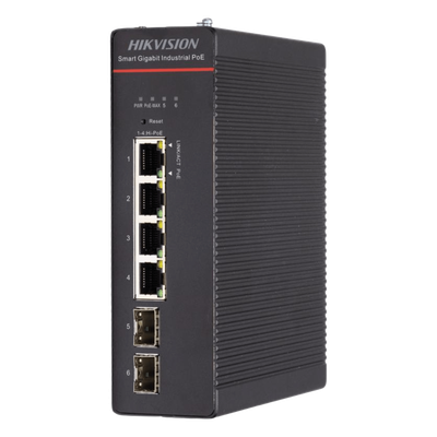 HIKVISION - Switch Industrial Administrable / 4 Puertos Gigabit HiPoE 90 W / 2 Puertos SFP / Presupuesto PoE 300 W / Alcance Extendido 300 m (984.3 ft)