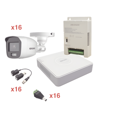 EPCOM - Kit TurboHD / 1080p Lite / DVR 16 Canales / 16 Cámaras Bala / 2.8 mm / ColorVu 20 m (65.6 ft) / Audio Integrado