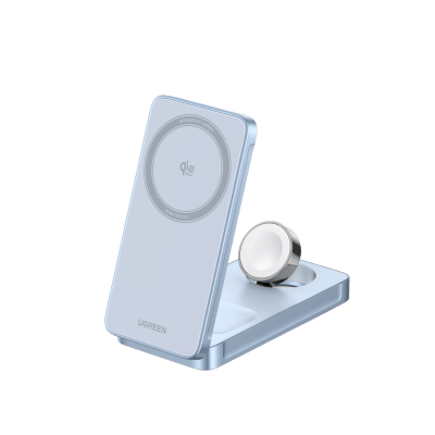 UGREEN - Cargador Inalámbrico Magnético 3-en-1 / 15W Máx / Carga Simultánea Teléfono-Reloj-Auriculares / Soporte Ajustable / Qi / Entrada 12V