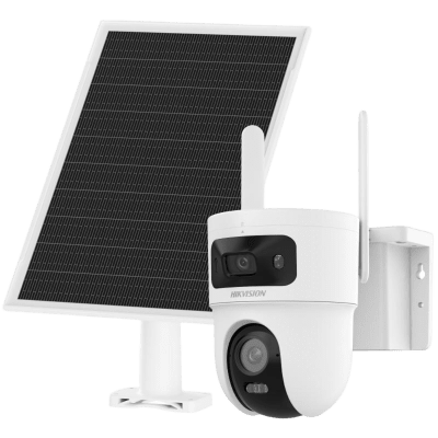 HIKVISION - Kit Solar IP All in One Doble Lente / AOV / PT IP 4 Megapixel Lente 4 mm / Fijo 4 Megapixel Lente 2.8 mm / Panel Solar + Batería de Respaldo de Litio (9000 mAh) / Conexión 4G / Audio de Dos Vías / Dual Light / IP66 / Micro SD