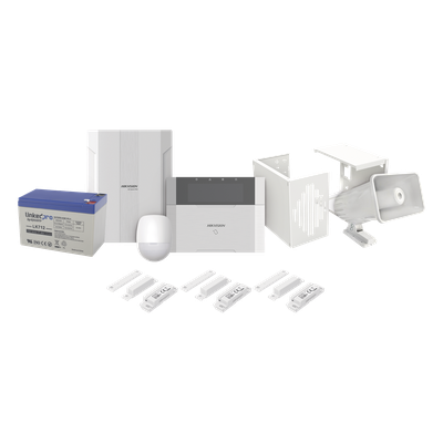 HIKVISION - Kit Panel de Alarma Híbrido / 64 Zonas / Monitor LCD con Lector de Tags / PIR 18 m (59.1 ft) / Sirena 118 dB / Batería 12V 7 Ah