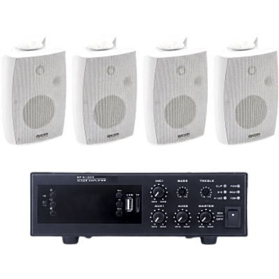 EPCOM PROAUDIO - Kit de Amplificador de 120W para Escritorio / 4 Altavoces de Pared 2.5W - 20W / Sistema 70/100V / Bluetooth / USB / FM / XLR con Phantom 48V