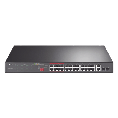 TP-LINK - Switch PoE+ / 24 Puertos 10/100 Mbps / 2 Puertos Gigabit Combo / 2 Puertos SFP / Alcance PoE 250 m (820.2 ft) / Presupuesto PoE 250 W