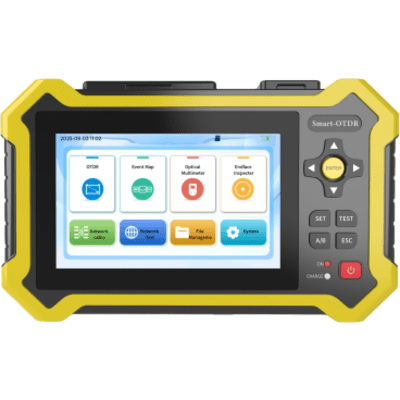 LINKEDPRO BY EPCOM - OTDR Touch para Pruebas en Enlaces Fibra Óptica Activos (Prueba de Fibra Viva) / 3 Longitudes de Onda / Integra Función OPM / Integra Función VFL 5mW / Mapeo de Cables RJ45 / Recargable / Distancia de Prueba hasta 260 Kilómetro