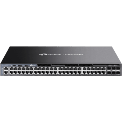 TP-LINK - Switch Gestionable L3 / 48 Puertos Gigabit / 6 Slots SFP+ 10G / Capacidad 216 Gbps / Apilamiento 8 Unidades / Fuentes Redundantes