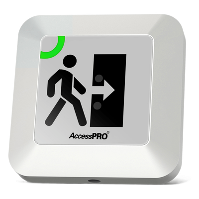 ACCESSPRO - Botón de Salida Sin Contacto / Detección Ajustable 4 a 15 cm / Temporizador 0-30 s / RF 433 MHz / Montaje Superficial / Voltaje Dual 12/24 VCC
