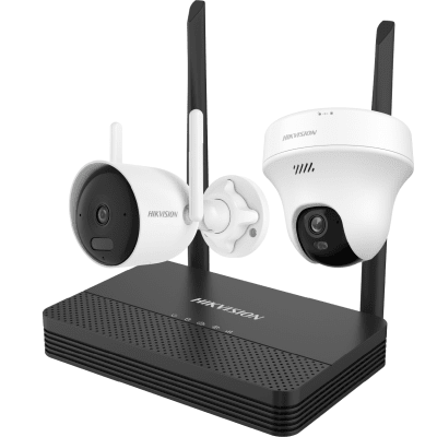 HIKVISION - Kit IP Inalámbrico 4 Megapixel / NVS 4 Canales / 1 Cámara Bala Exterior + 1 Cámara Turret Interior con Lente 2.8 mm y Dual Light / Audio Bidireccional (Micrófono y Bocina) / Soporta Micro SD de 512 GB