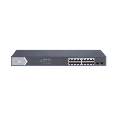 HIKVISION - Switch Gigabit PoE+ / Administrable / 16 Puertos 1000 Mbps PoE+ / 2 Puertos SFP / Configuración Nube desde Hik-ParnerPro / PoE hasta 300 Metros / 225 Watts
