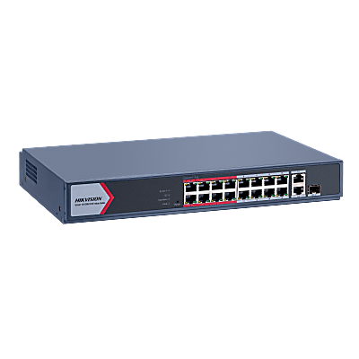 HIKVISION - Switch PoE+ Monitoreable / 16 Puertos 10/100 Mbps PoE+ / 2 Puertos Gigabit Uplink / 1 Puerto SFP / Alcance Extendido 300 m (984 pies) / 130 W