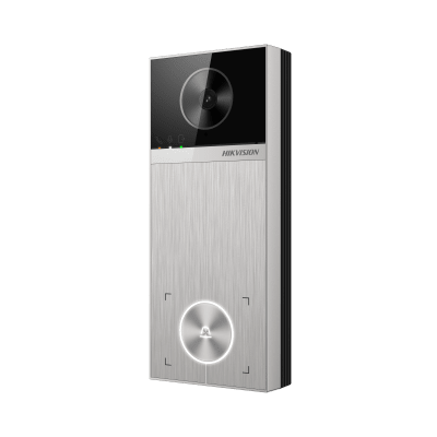 HIKVISION - Videoportero / 4 Megapixel / Ángulo de Visión 150° / Control de 2 Cerraduras / Desbloqueo por Tarjeta, Hik-Connect y Estación Interior / IP65 / PoE IEEE802.3at / Compatibilidad ONVIF / H.265