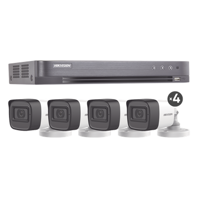 HIKVISION - Kit de Videovigilancia TurboHD / 5 Megapixel / DVR 8 Canales / 4 Cámaras Bala con Audio / IR 30 m (98.4 ft) / IP67 / Lente 2.8 mm