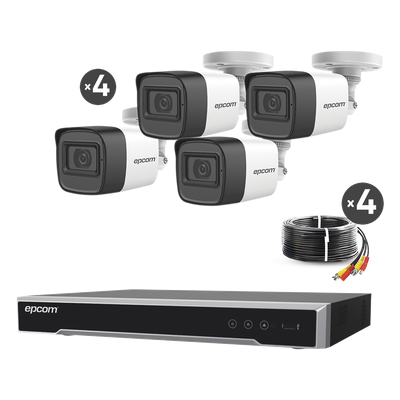 EPCOM PROFESSIONAL - Kit de Videovigilancia TurboHD / DVR 4 Canales 8MP Lite / 4 Cámaras 5 Megapixel / Audio por Coaxitron / IR 30 m (98.4 ft) / Cables 18 m (59.1 ft)